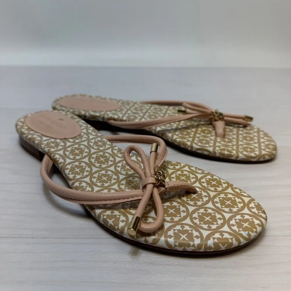Kate Spade Mystic Bow Womens Size 6.5M Pale Pink/Gold Flip Flops Thong Sandals‎